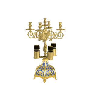 Intricate gold and blue religious candelabrum with multiple candle holders, in traditional ecclesiastical design, suitable for church services and religious ceremonies.