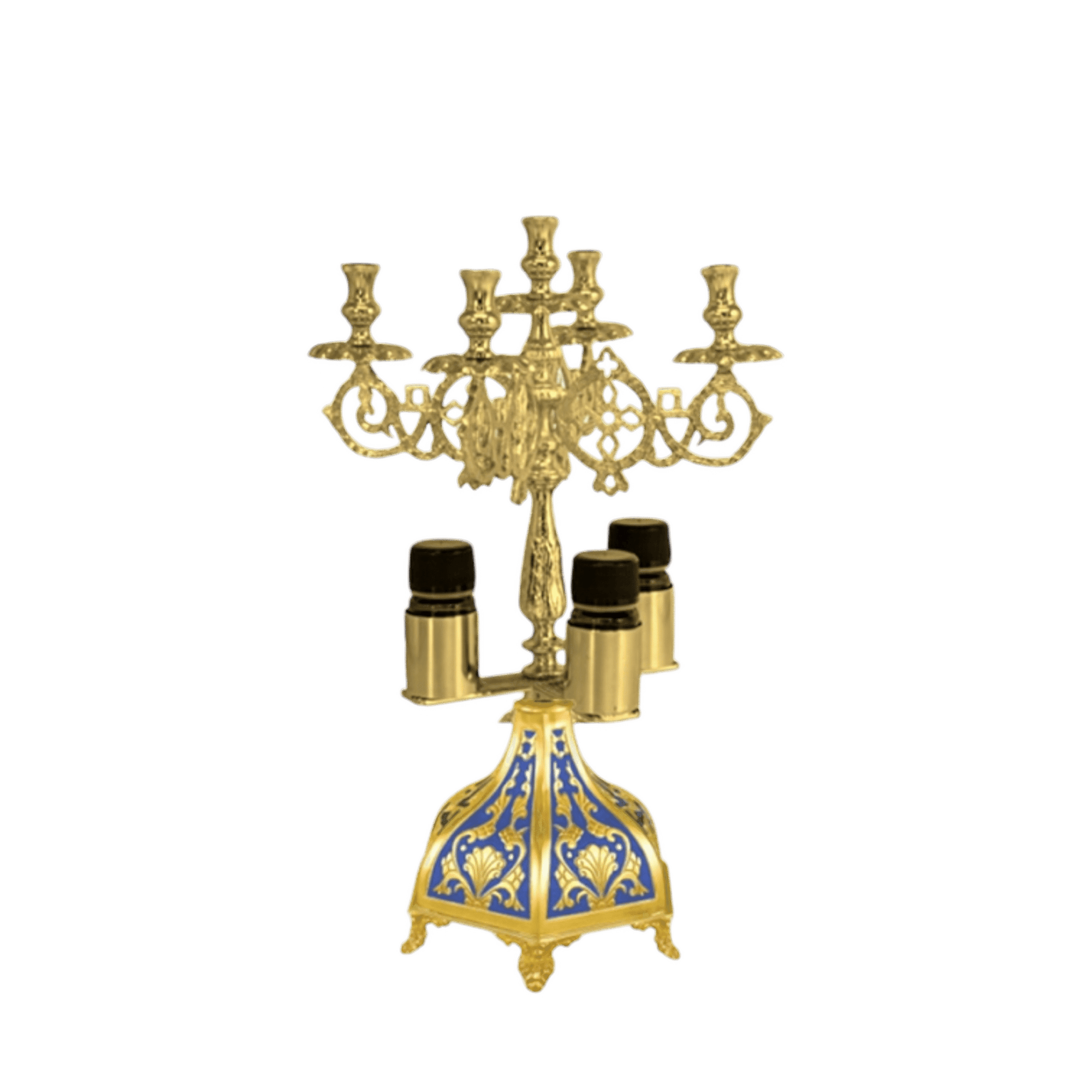 Intricate gold and blue religious candelabrum with multiple candle holders, in traditional ecclesiastical design, suitable for church services and religious ceremonies.