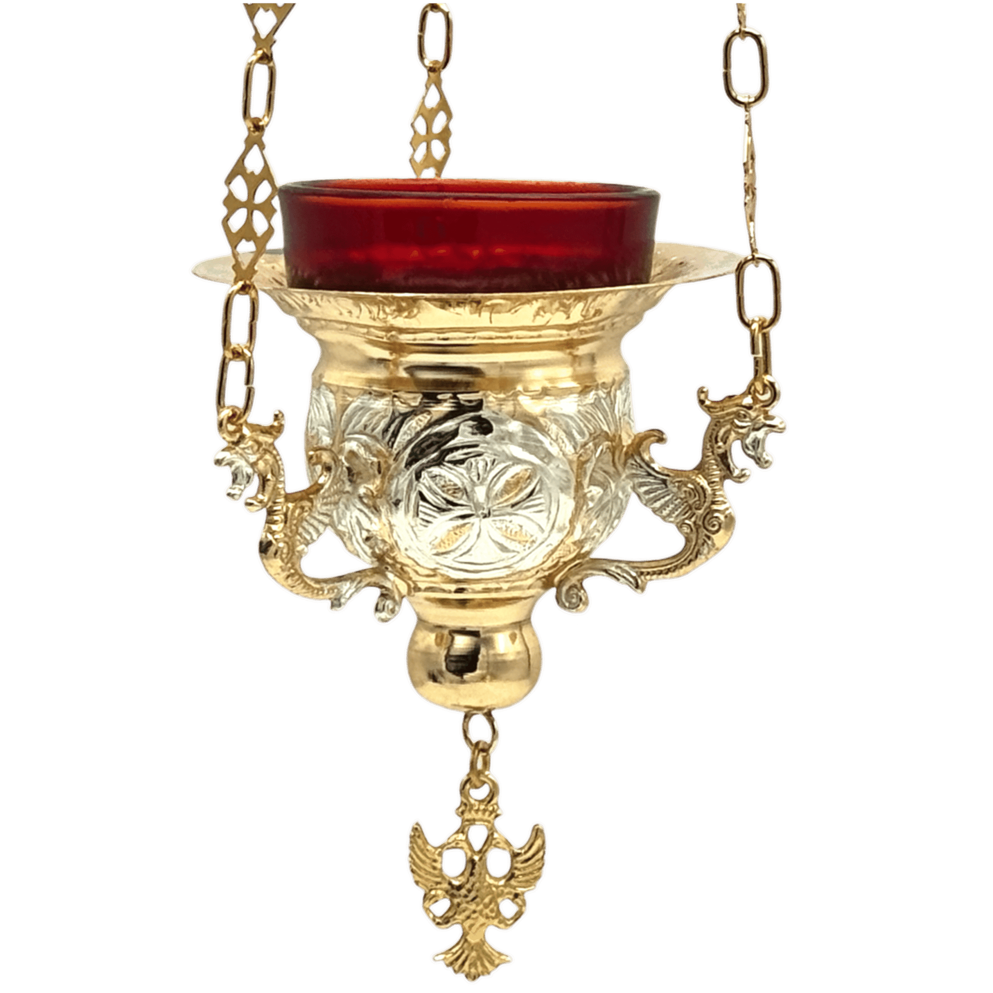 Intricate gold religious hanging oil lamp with ornate dragon accents and a red glass holder, used in church ceremonies and Orthodox Christian worship.