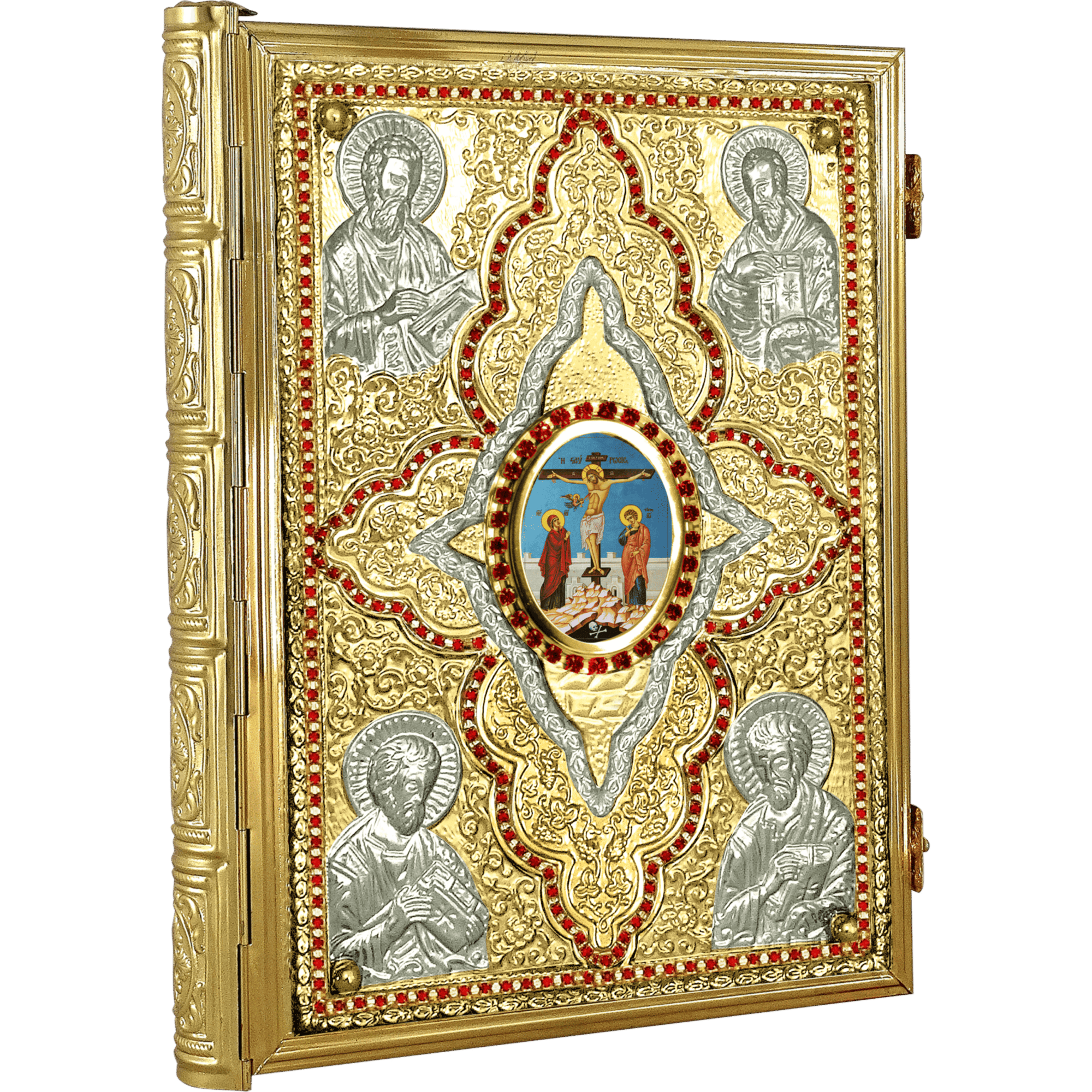 Intricately designed religious icon with metallic gold and silver accents, featuring Christ on the cross, saints, and decorative patterns, ideal for church sacristy and ecclesiastical decoration.