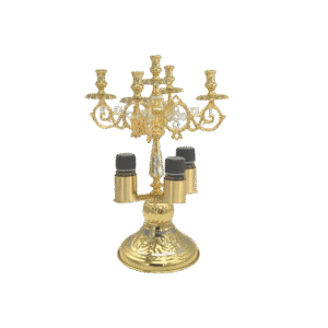 Intricate gold candelabrum with multiple candle holders, used in Orthodox church ceremonies and religious services. Perfect for ecclesiastical occasions and church decoration.