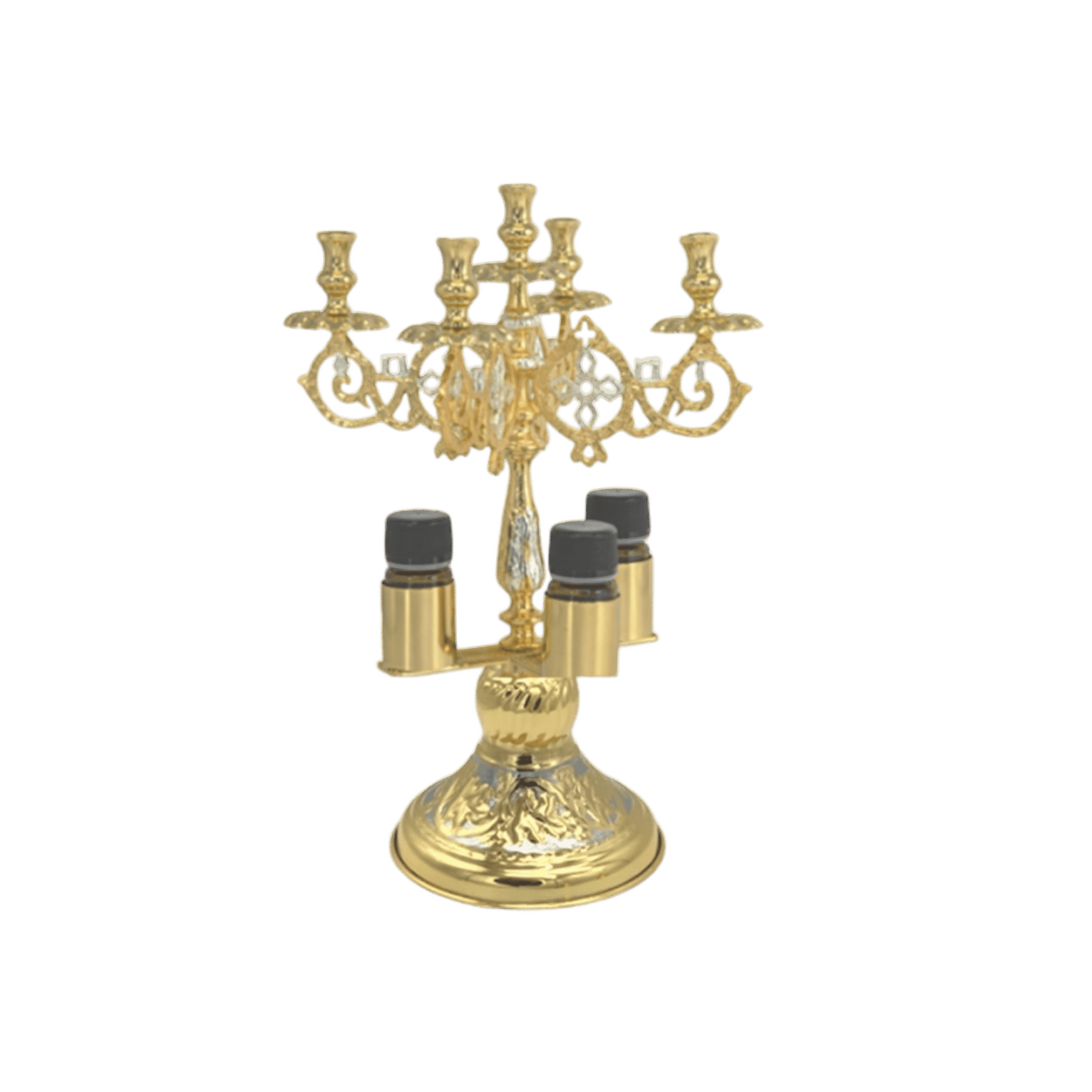 Intricate gold candelabrum with multiple candle holders, used in Orthodox church ceremonies and religious services. Perfect for ecclesiastical occasions and church decoration.