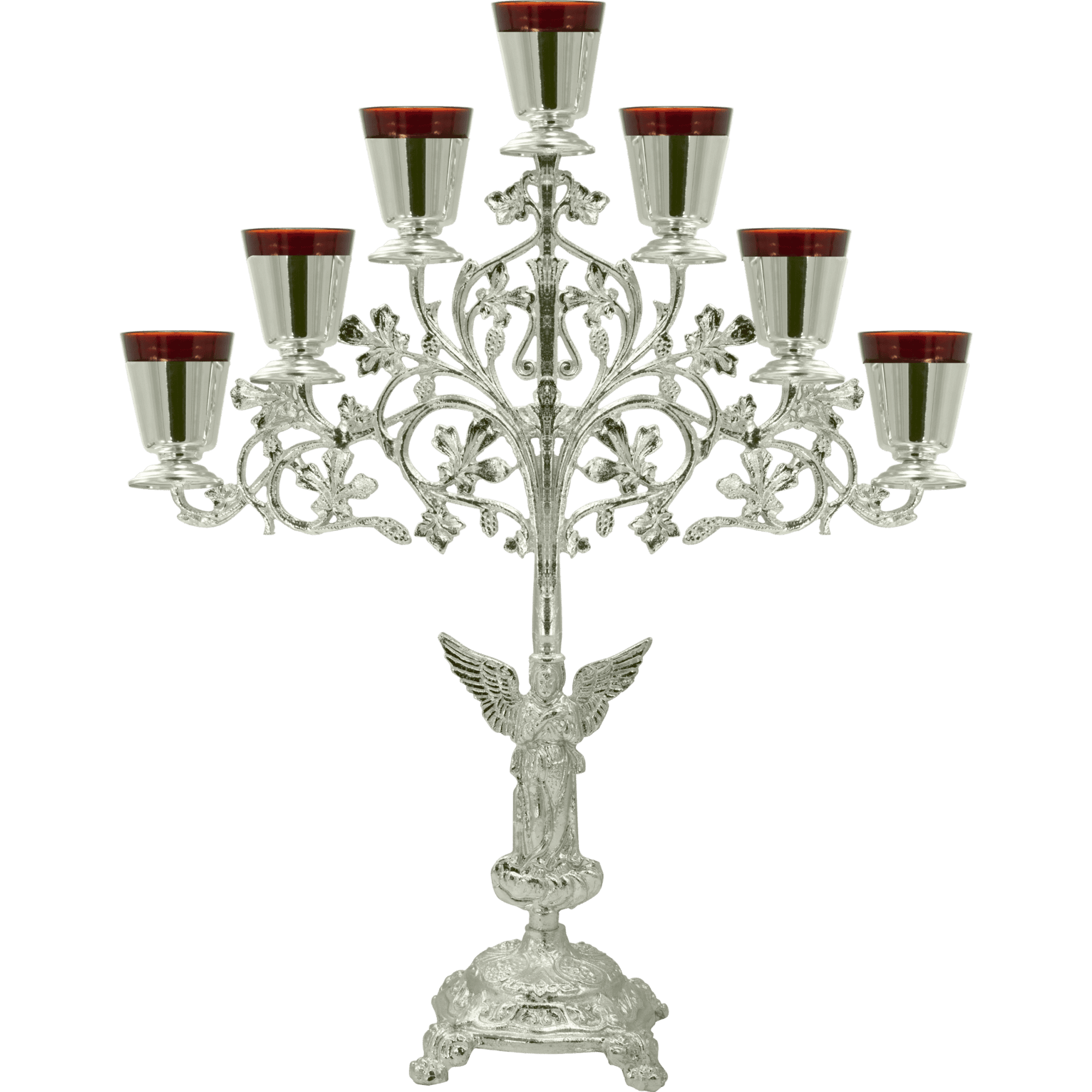 Intricate ecclesiastical candelabrum featuring ornate metalwork and multiple candle holders, ideal for religious ceremonies and church decor.