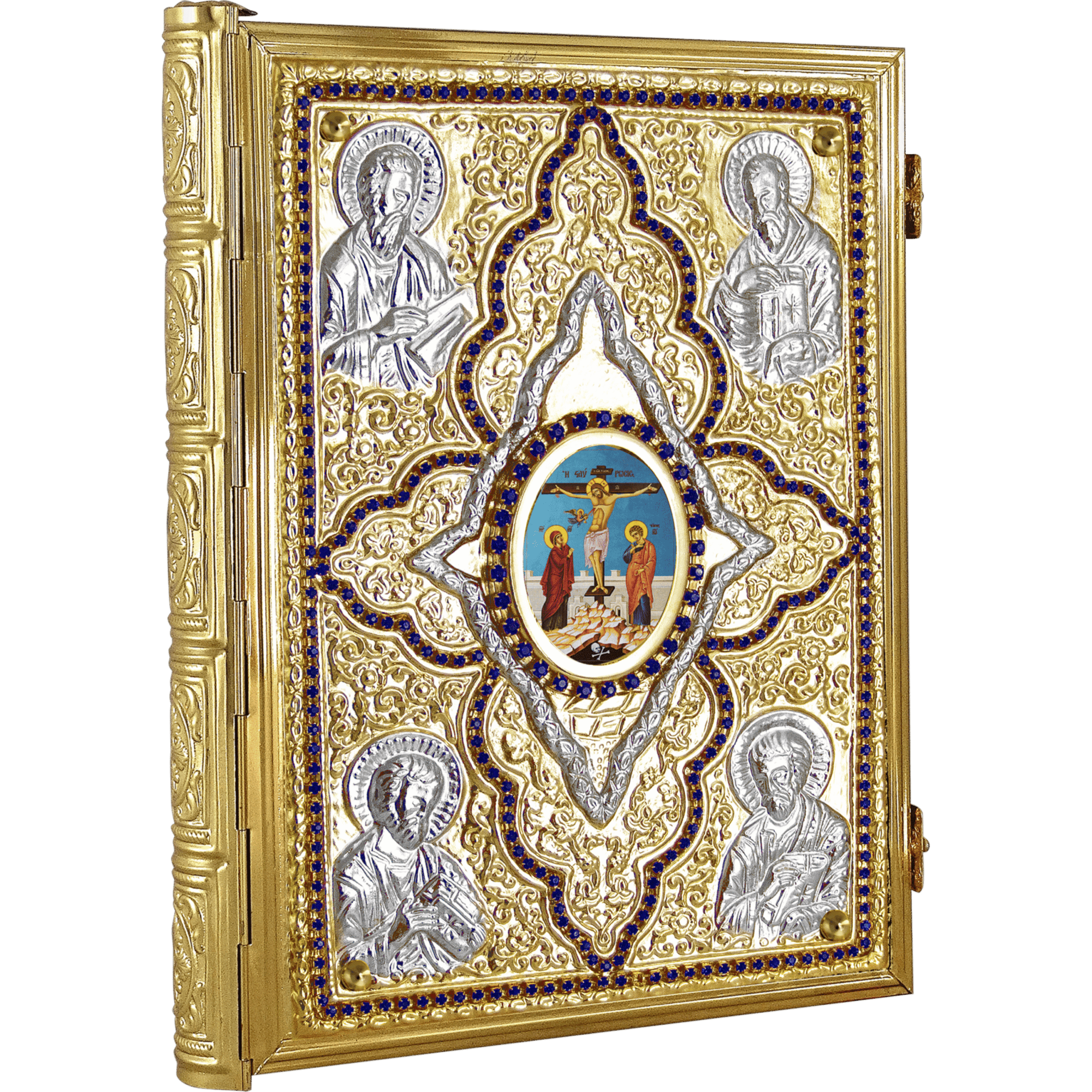 Exquisite Byzantine-style religious iconography with metallic accents and vibrant colors, featuring depictions of saints and Christ, perfect for church sacred items and religious decoration.
