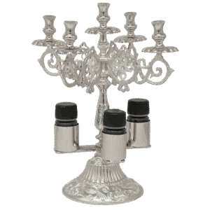 Intricate silver church candlestick holder with oil lamps, perfect for ecclesiastical religious ceremonies and church decor, crafted for traditional Orthodox worship.