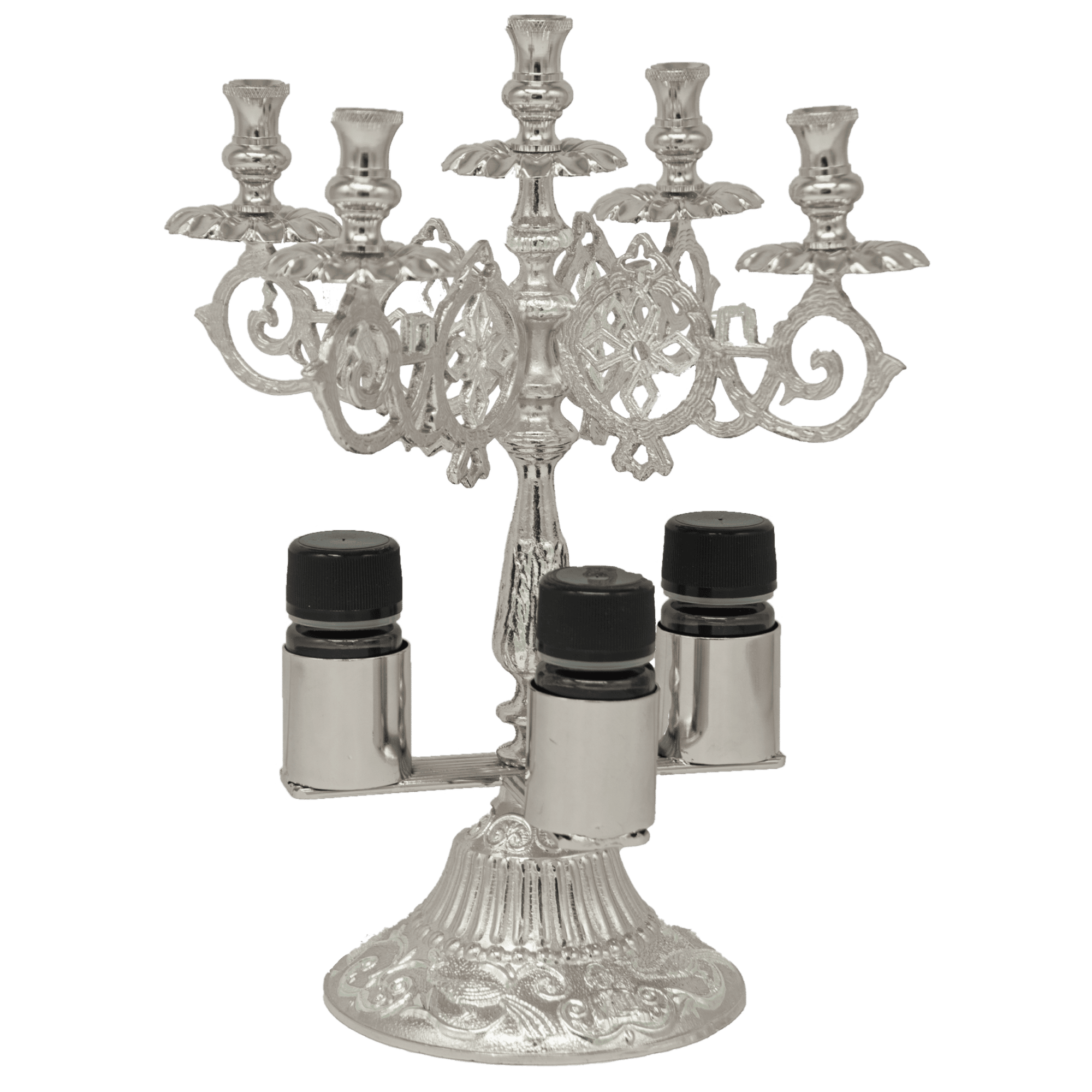 Intricate silver church candlestick holder with oil lamps, perfect for ecclesiastical religious ceremonies and church decor, crafted for traditional Orthodox worship.