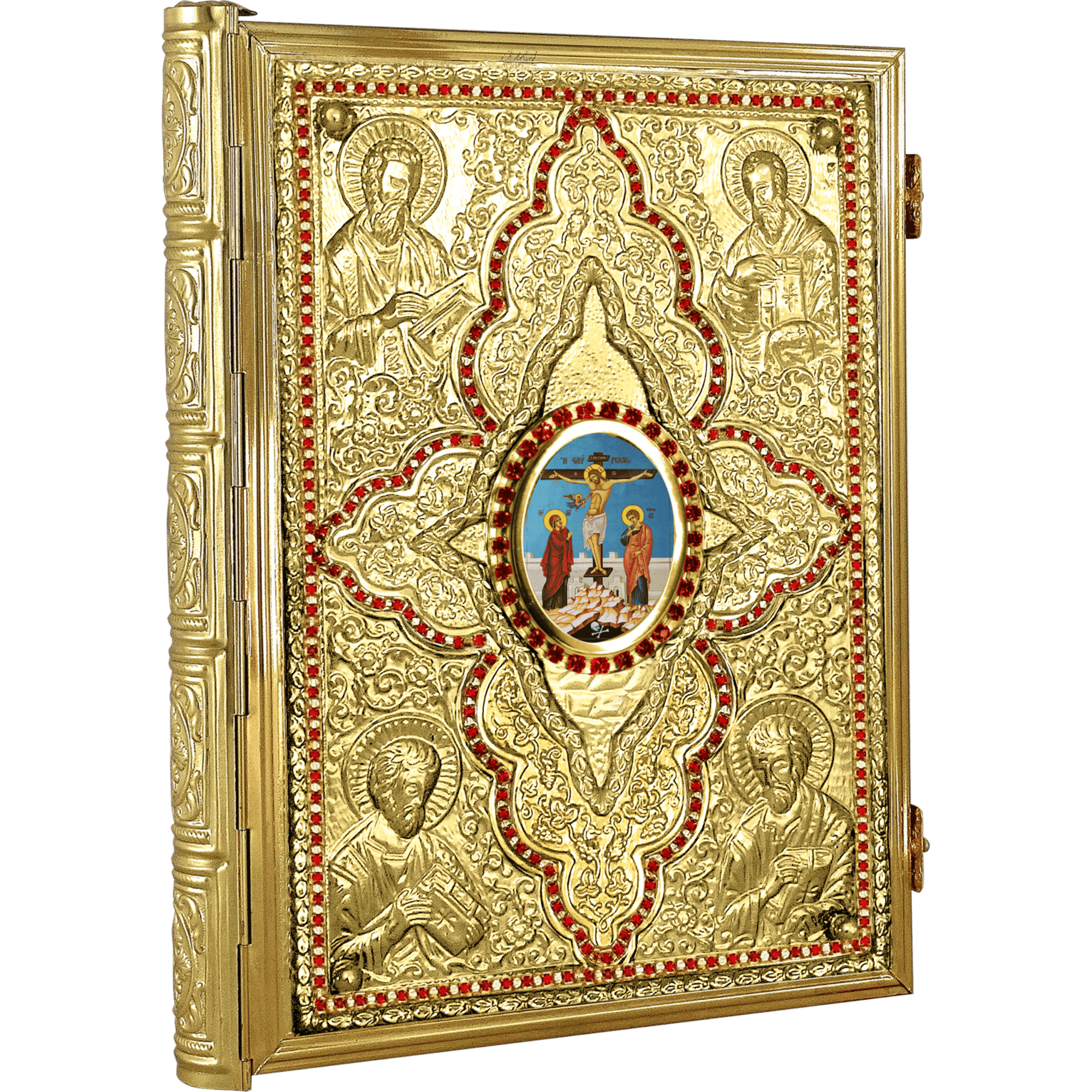 Gold-plated ecclesiastical icon with religious scenes, intricate detailing, and red decorative accents, used for Orthodox Christian worship and church decoration.