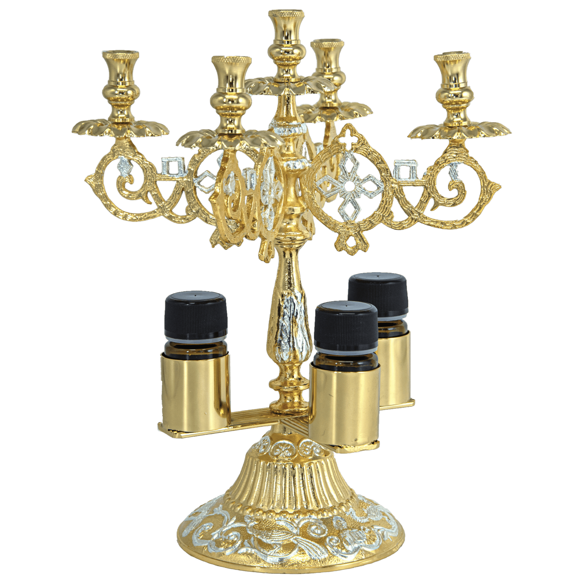 Ornate gold candelabrum with multiple candles, traditional ecclesiastical liturgical equipment, crafted for Greek Orthodox church services and religious ceremonies.