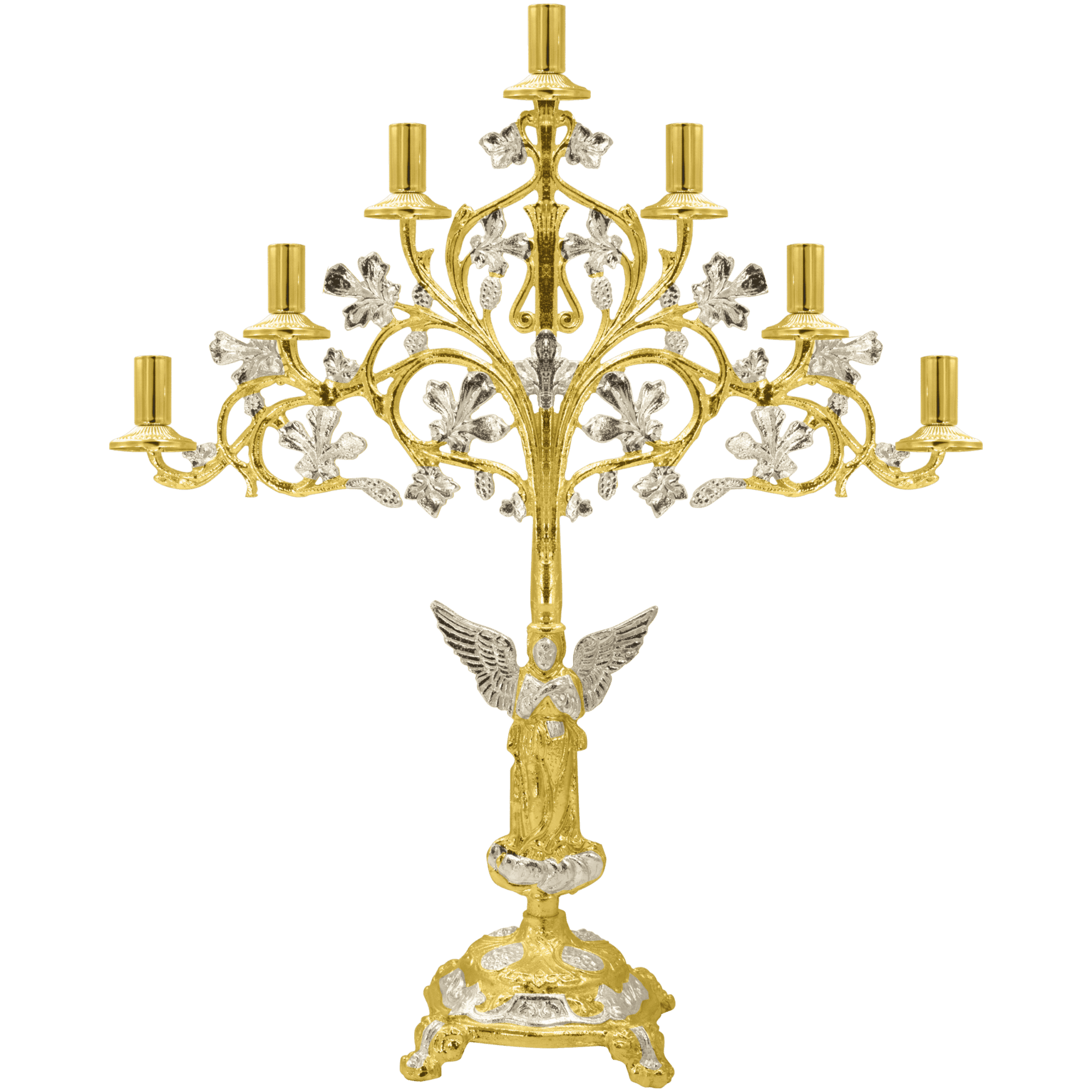 Intricate gold and silver church candelabrum with angelic figurine, designed for religious ceremonies, featuring detailed craftsmanship and ecclesiastical ornamentation.