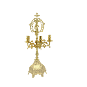 Ornate gold ecclesiastical candle holder for church ceremonies and religious rituals. Crafted with detailed designs, ideal for Orthodox Christian worship and church decor.