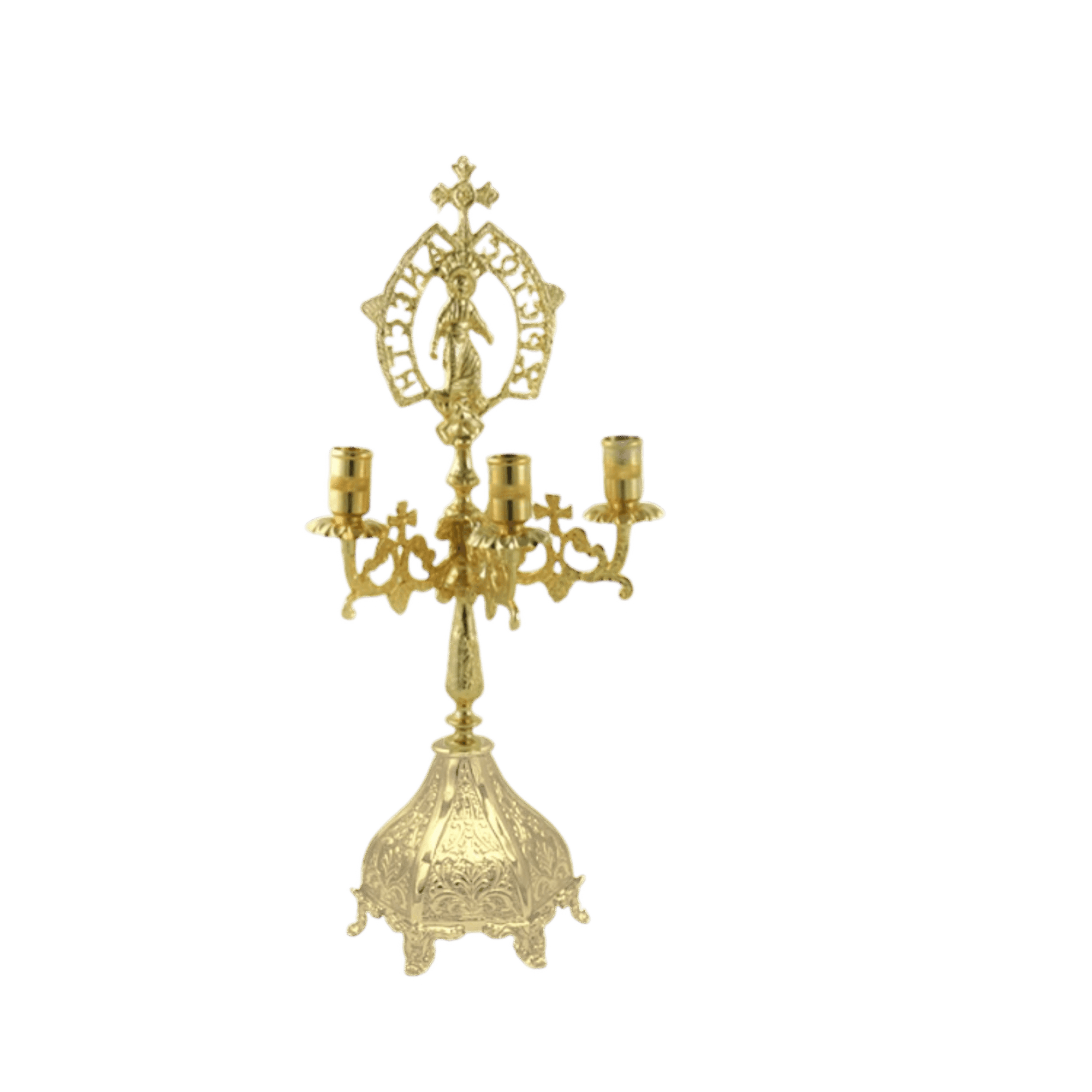 Ornate gold ecclesiastical candle holder for church ceremonies and religious rituals. Crafted with detailed designs, ideal for Orthodox Christian worship and church decor.