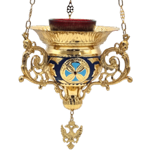 Luxurious gold and blue ecclesiastical lamp with ornate design, church candle holder, religious church decoration, Greek Orthodox liturgical item, traditional ecclesiastical art.