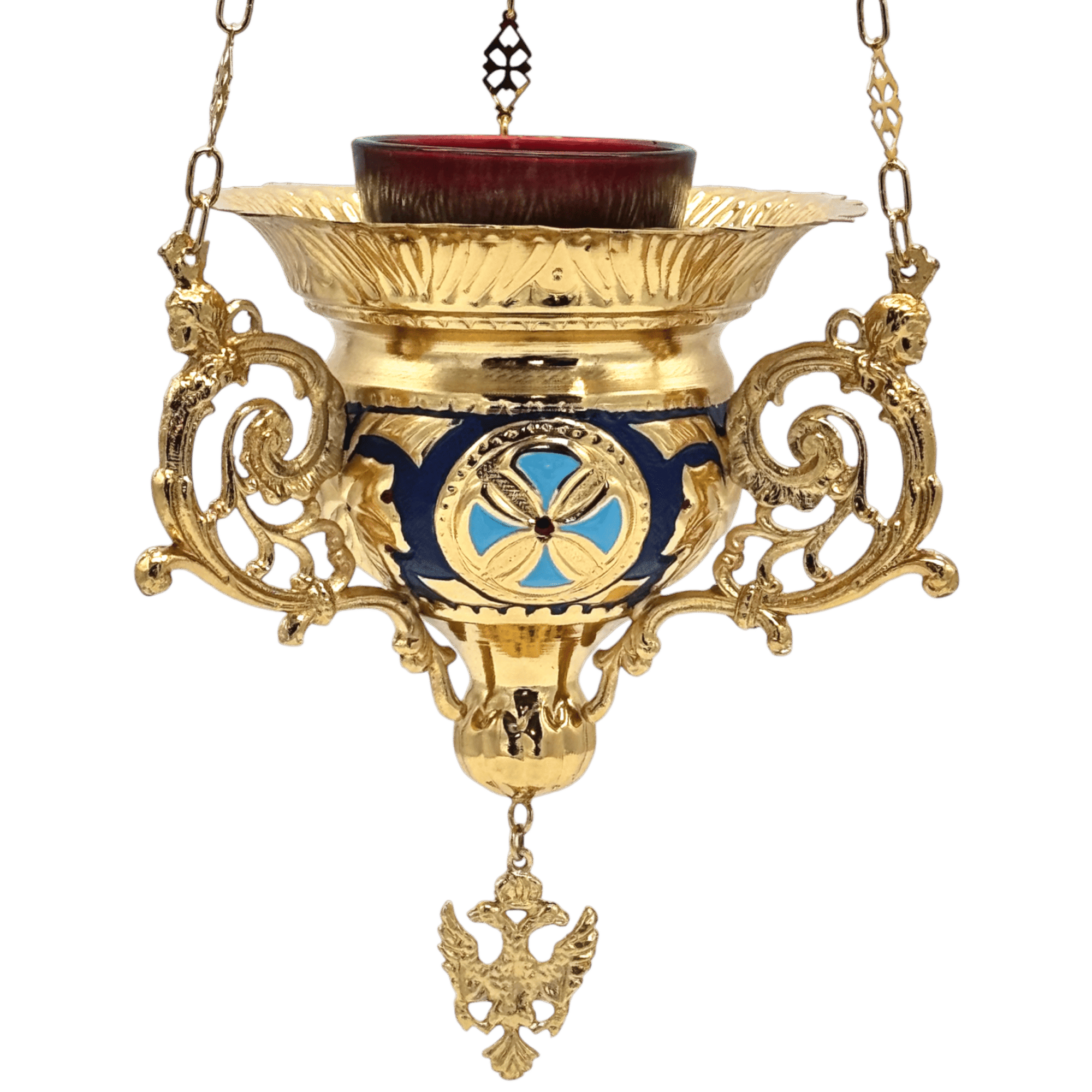 Luxurious gold and blue ecclesiastical lamp with ornate design, church candle holder, religious church decoration, Greek Orthodox liturgical item, traditional ecclesiastical art.