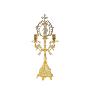 Ornate gold and silver religious candelabrum with intricate detailing, featuring icons and decorative elements for church decor and religious ceremonies.