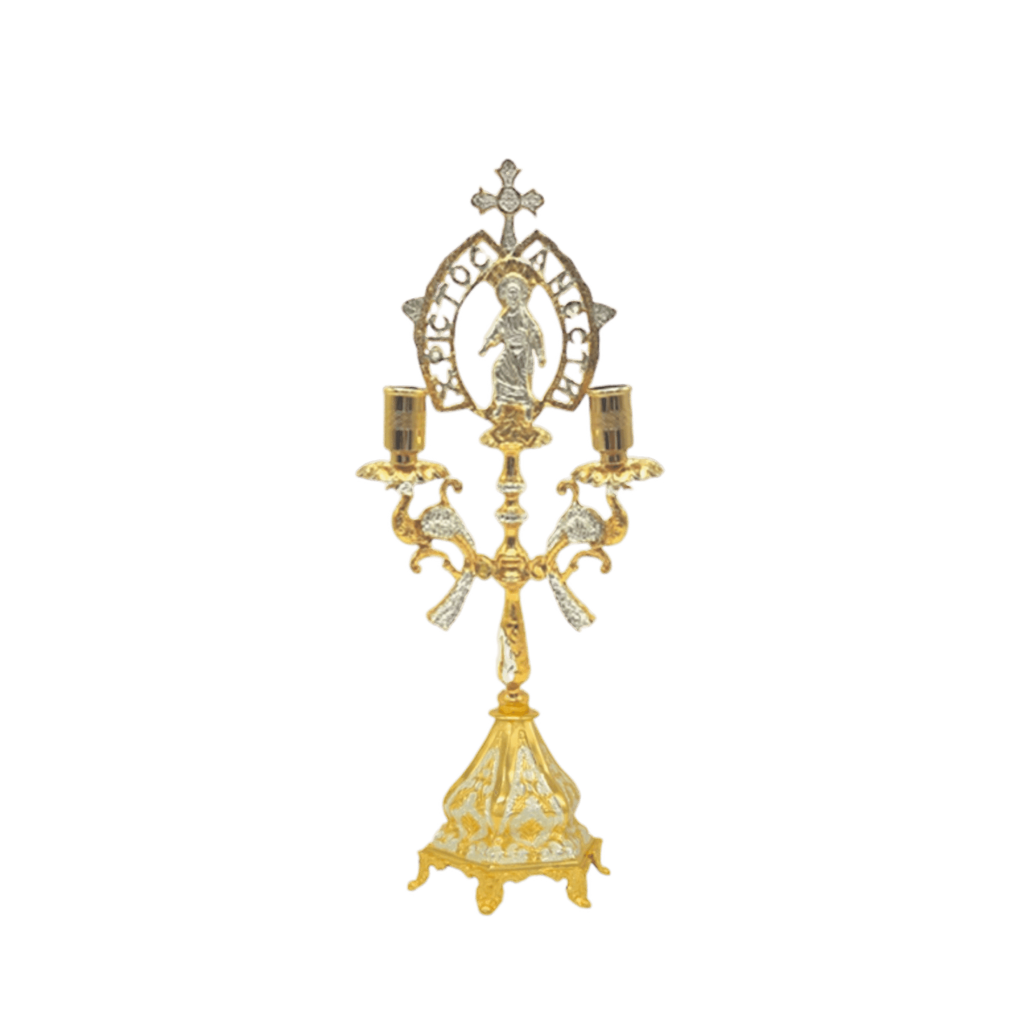 Ornate gold and silver religious candelabrum with intricate detailing, featuring icons and decorative elements for church decor and religious ceremonies.