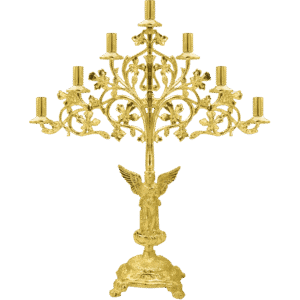 Ornate gold candelabrum with intricate floral designs, ideal for church ceremonial use and religious decorations.