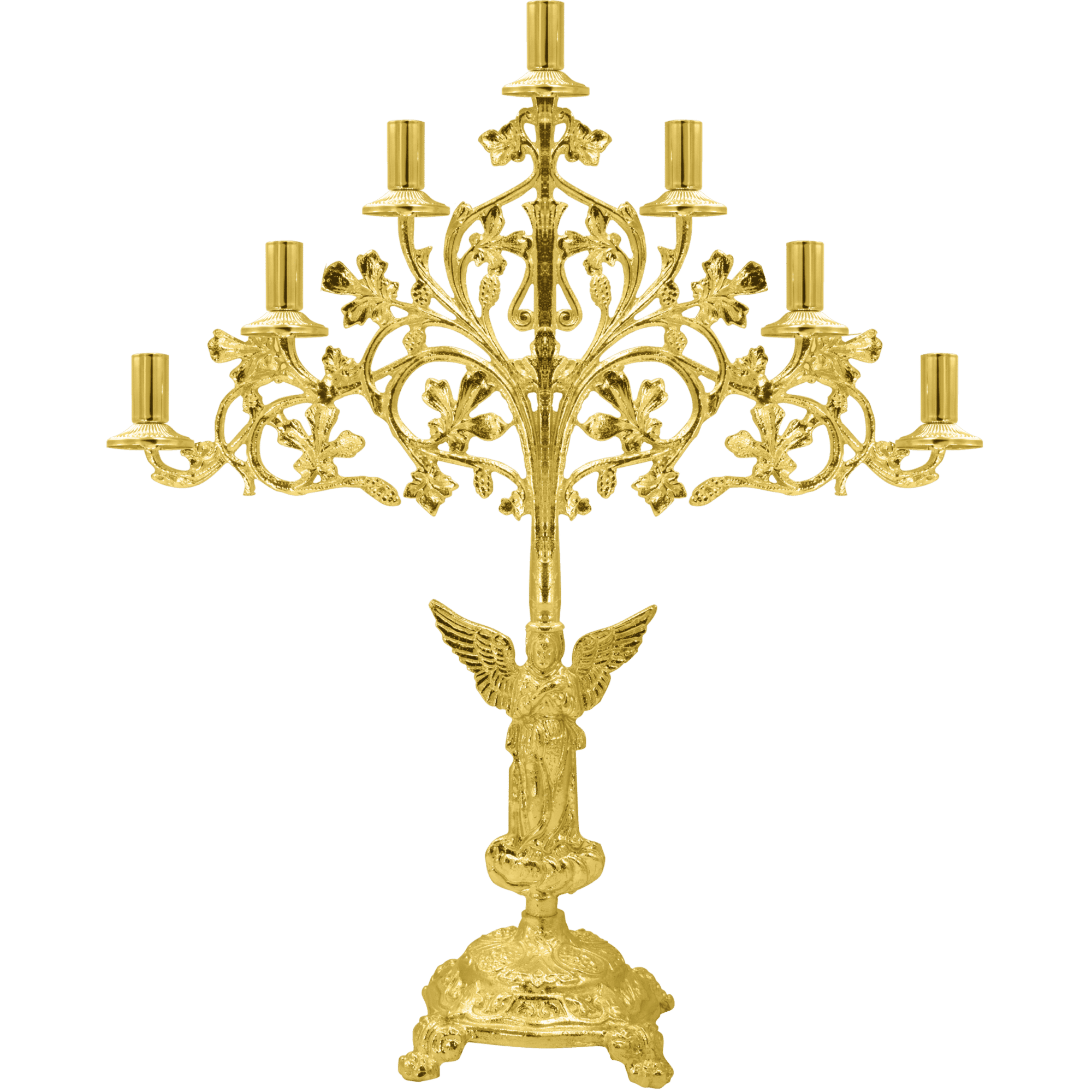 Ornate gold candelabrum with intricate floral designs, ideal for church ceremonial use and religious decorations.