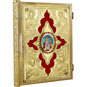 Intricate gold religious icon with a central image of Christ on the cross, surrounded by detailed engravings of saints, perfect for church decoration and religious ceremonies.