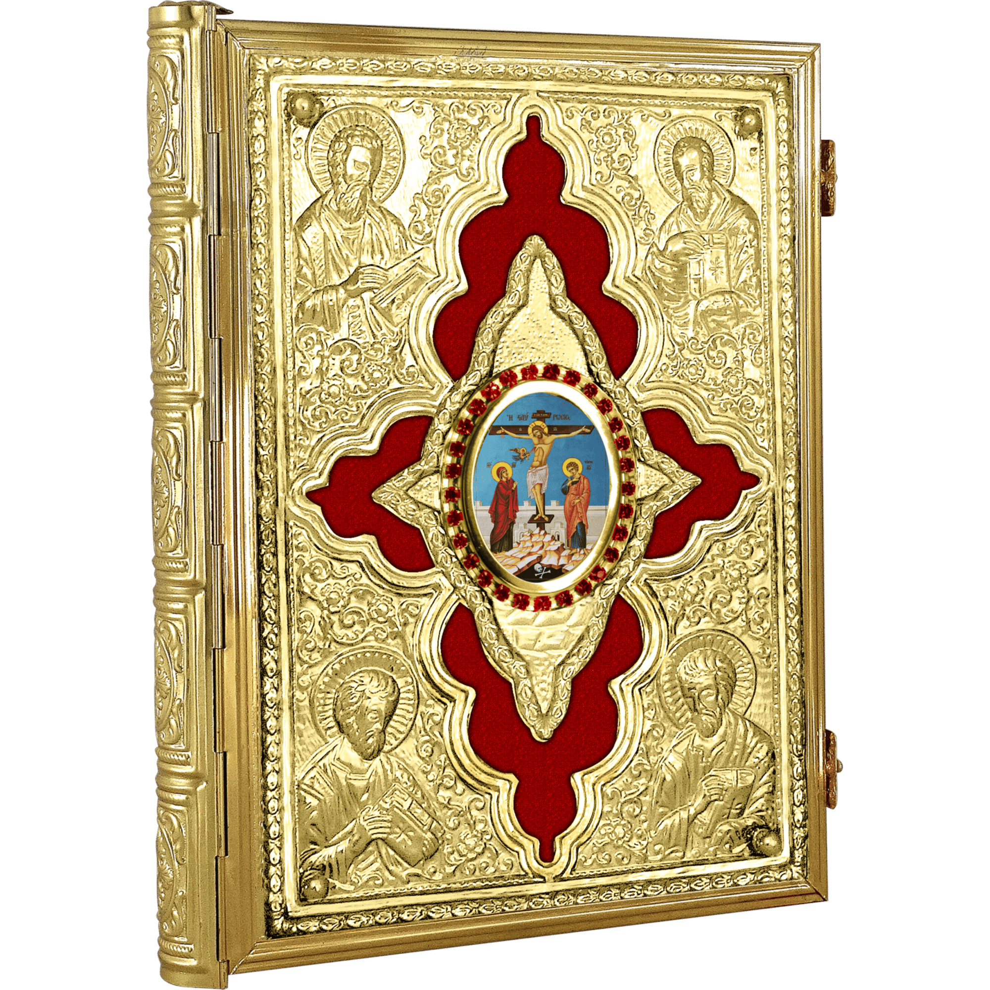 Intricate gold religious icon with a central image of Christ on the cross, surrounded by detailed engravings of saints, perfect for church decoration and religious ceremonies.