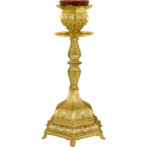 Ornate golden church candle holder with intricate religious design, ideal for church rituals and ceremonial uses. Elegant ecclesiastical item from Tsatsaronis Antonios.
