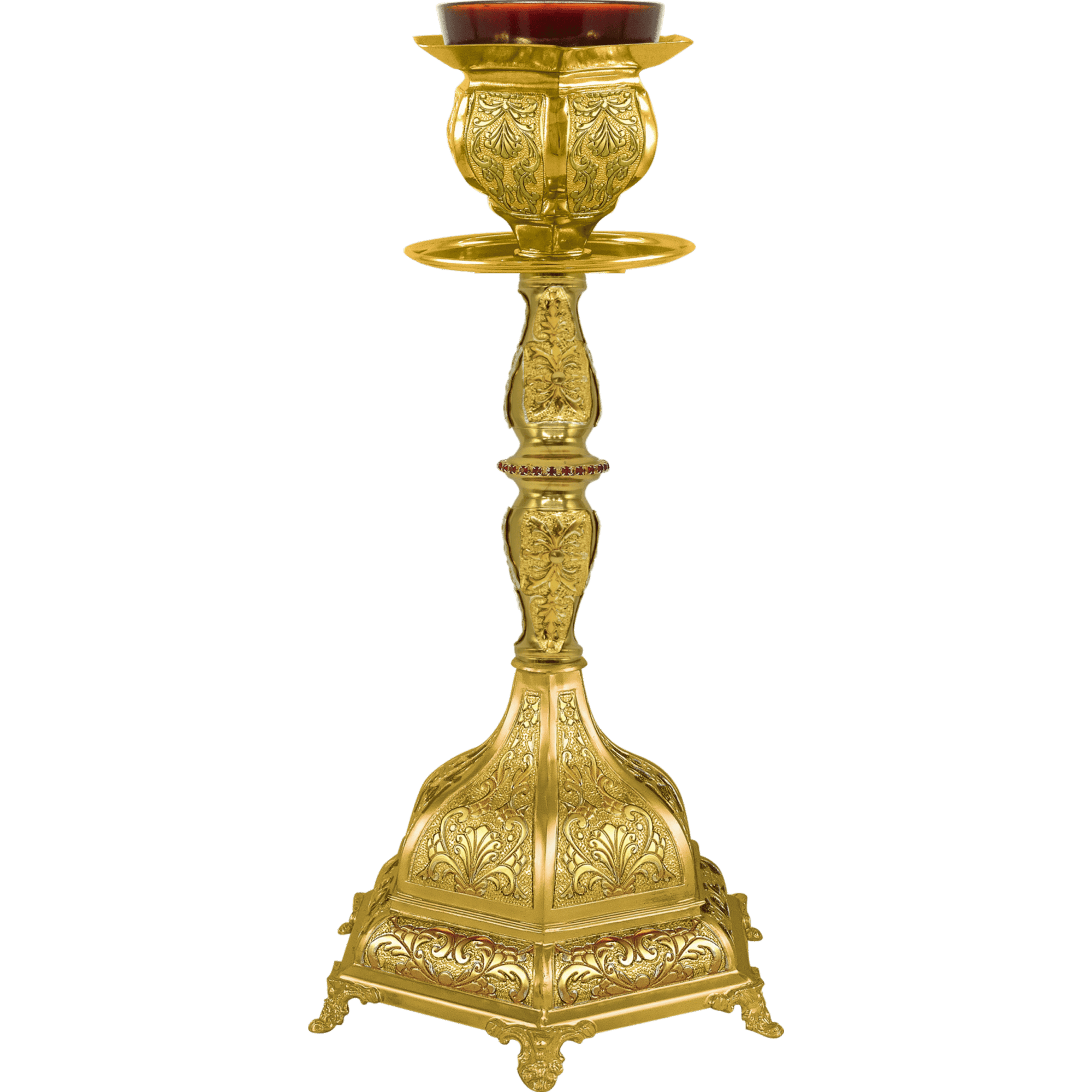 Ornate golden church candle holder with intricate religious design, ideal for church rituals and ceremonial uses. Elegant ecclesiastical item from Tsatsaronis Antonios.