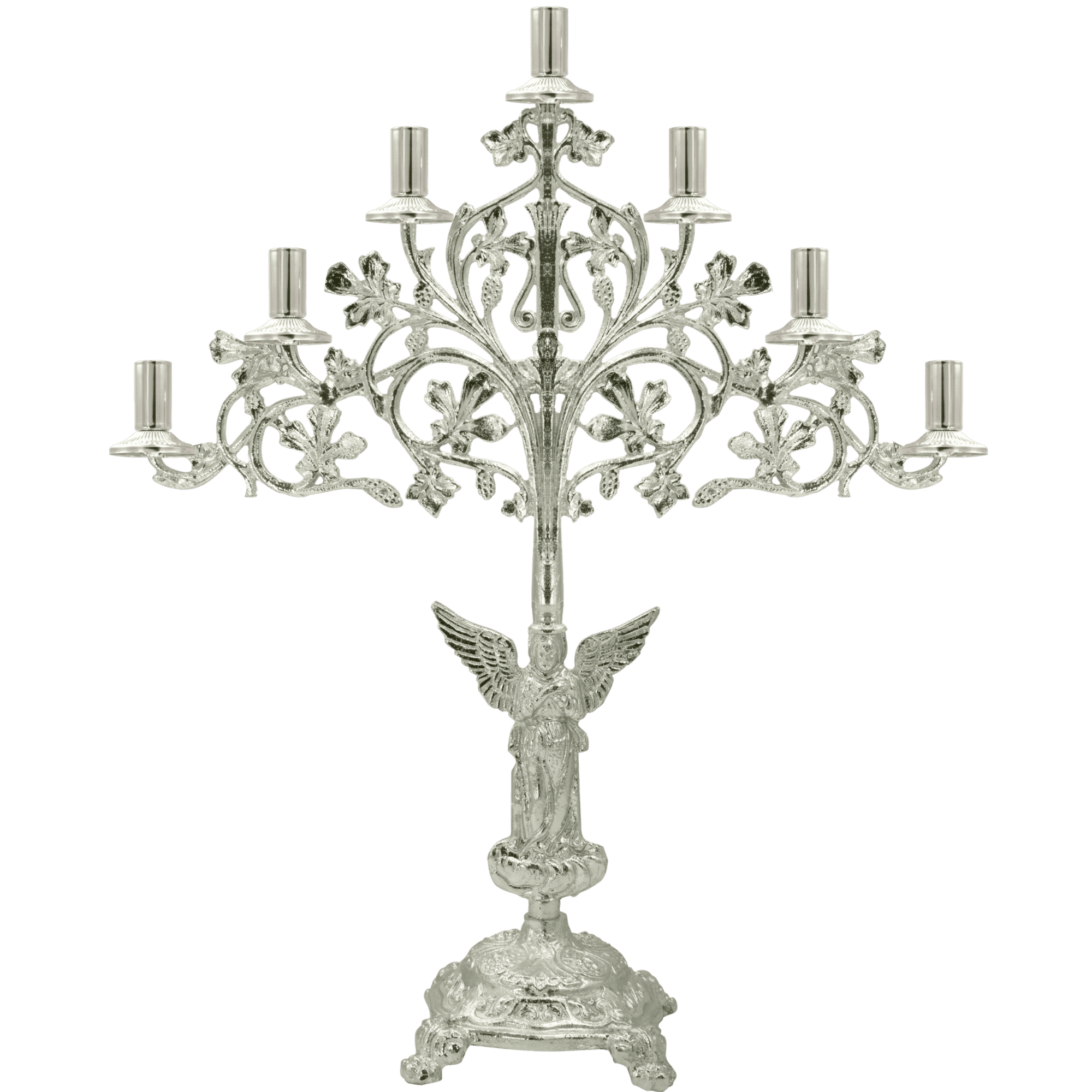 Elegant silver candelabrum with detailed floral design, perfect for church ceremonies and religious decorations.