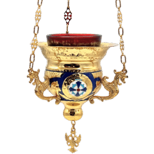Ornate gold religious oil lamp with intricate dragon designs, blue accents, and hanging dove charm, used in church rituals and liturgical ceremonies, traditional ecclesiastical liturgical item for Orthodox services.