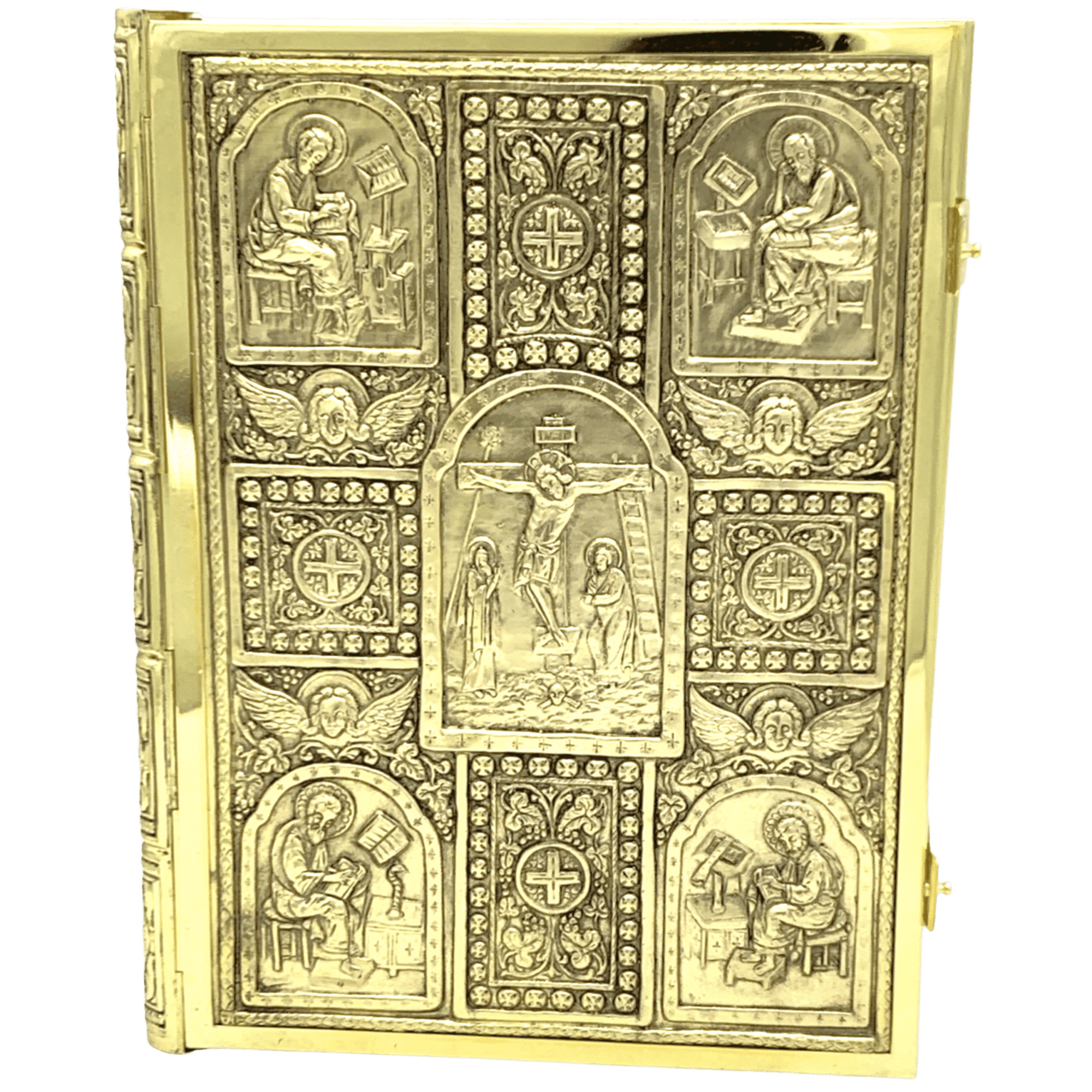 Ornate gold religious iconography box with detailed depictions of saints and Christ, perfect for church artifacts and ecclesiastical items.