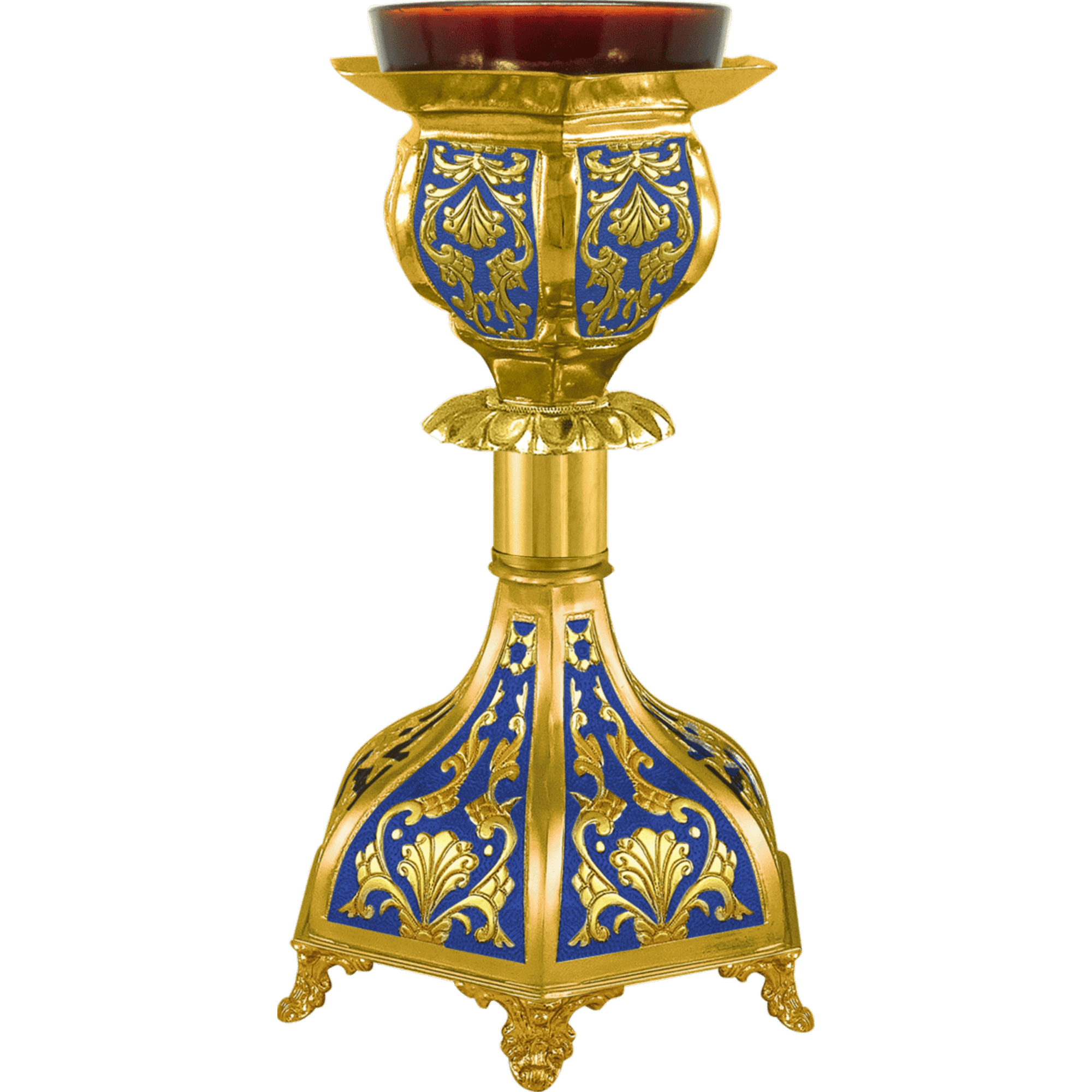 Ornate religious candlestick with gold and blue detailing, used in ecclesiastical ceremonies, from Tsa tsaronis Antoniou church supplies.