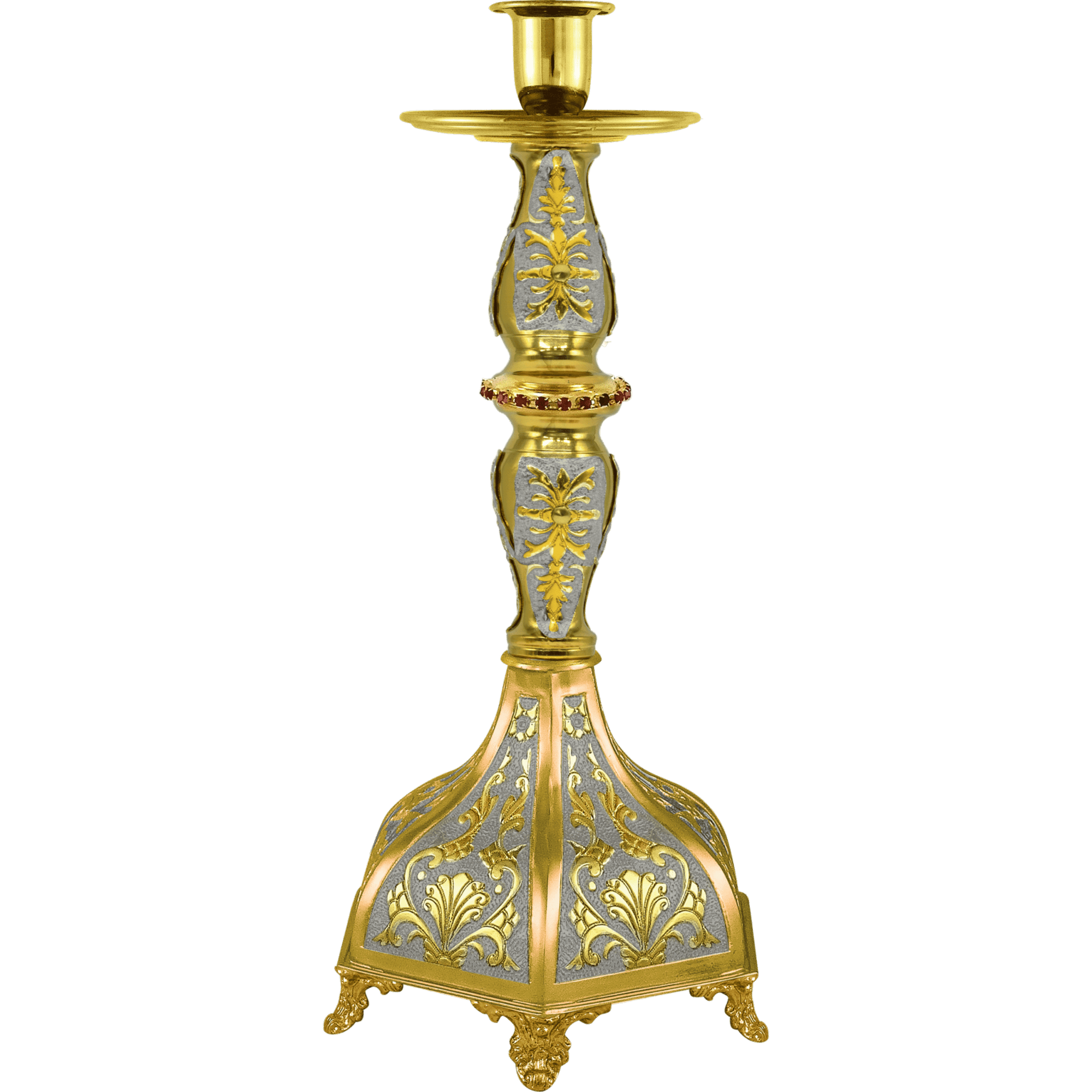 Ornate gold and silver ecclesiastical candle holder designed for church rituals and ceremonies. Perfect for religious decorations, crafted with intricate detailing for church interior use.