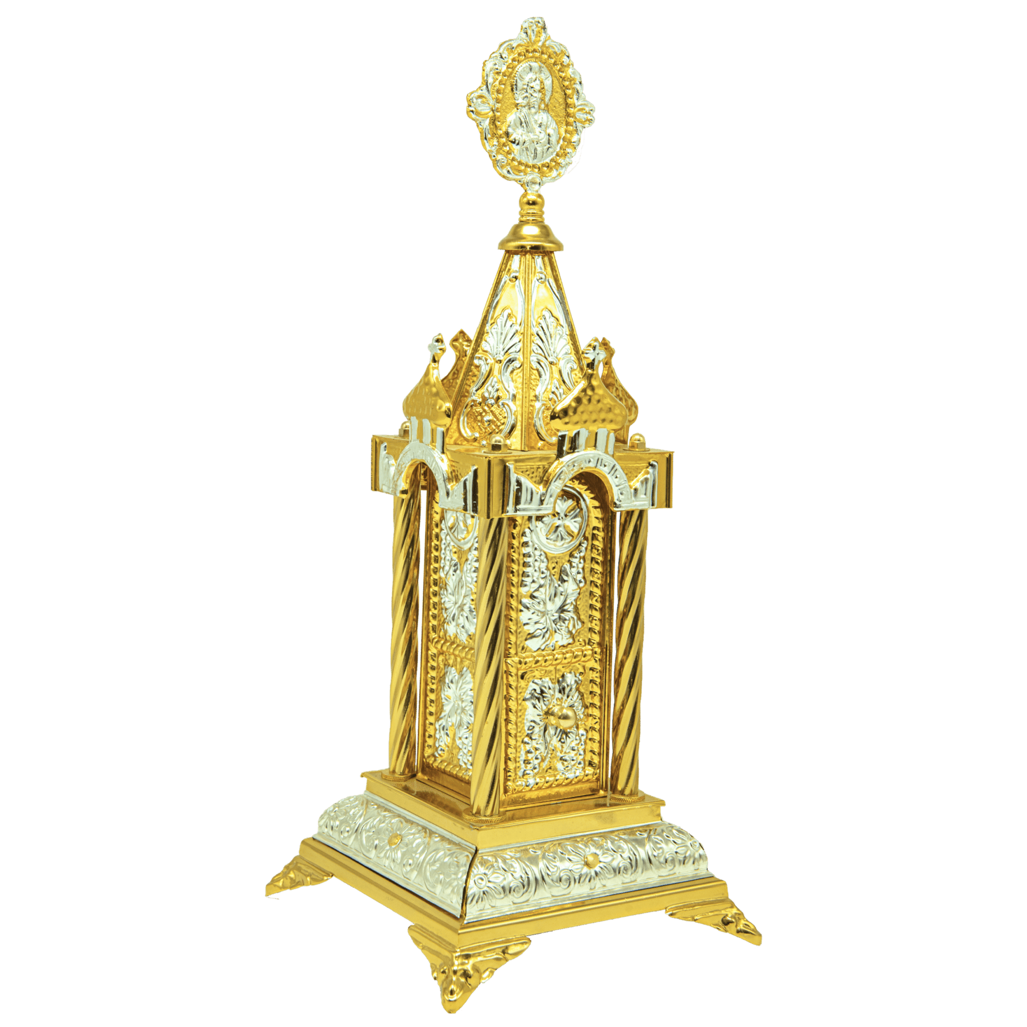 Ornate gold ecclesiastical icon with intricate religious motifs, church decorations, and religious artifacts for Orthodox Christian worship and church ceremonies.