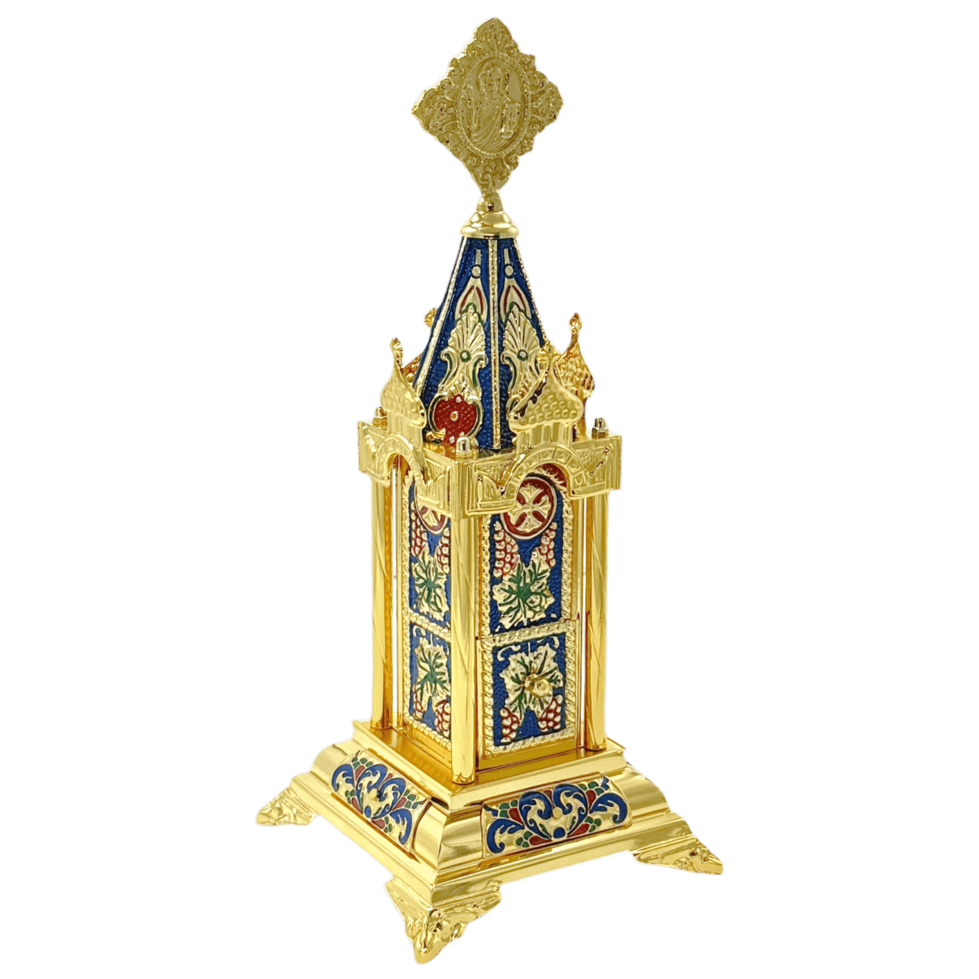 Ornate church lantern with Byzantine-style enamel decoration, gold accents, and detailed religious motifs, used in Orthodox church ceremonies and religious celebrations.