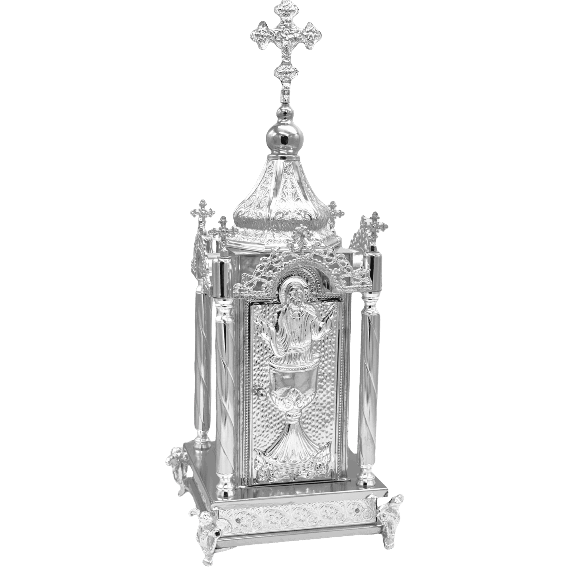 Ornate silver religious icon with intricate detailing, traditional craftsmanship, and Christian symbolism, used for ecclesiastical purposes and church decor.