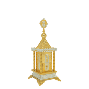 Golden church candlestick ornament, traditional ecclesiastical decoration, religious ceremonial item, ornate church accessory, symbolic religious artifact.