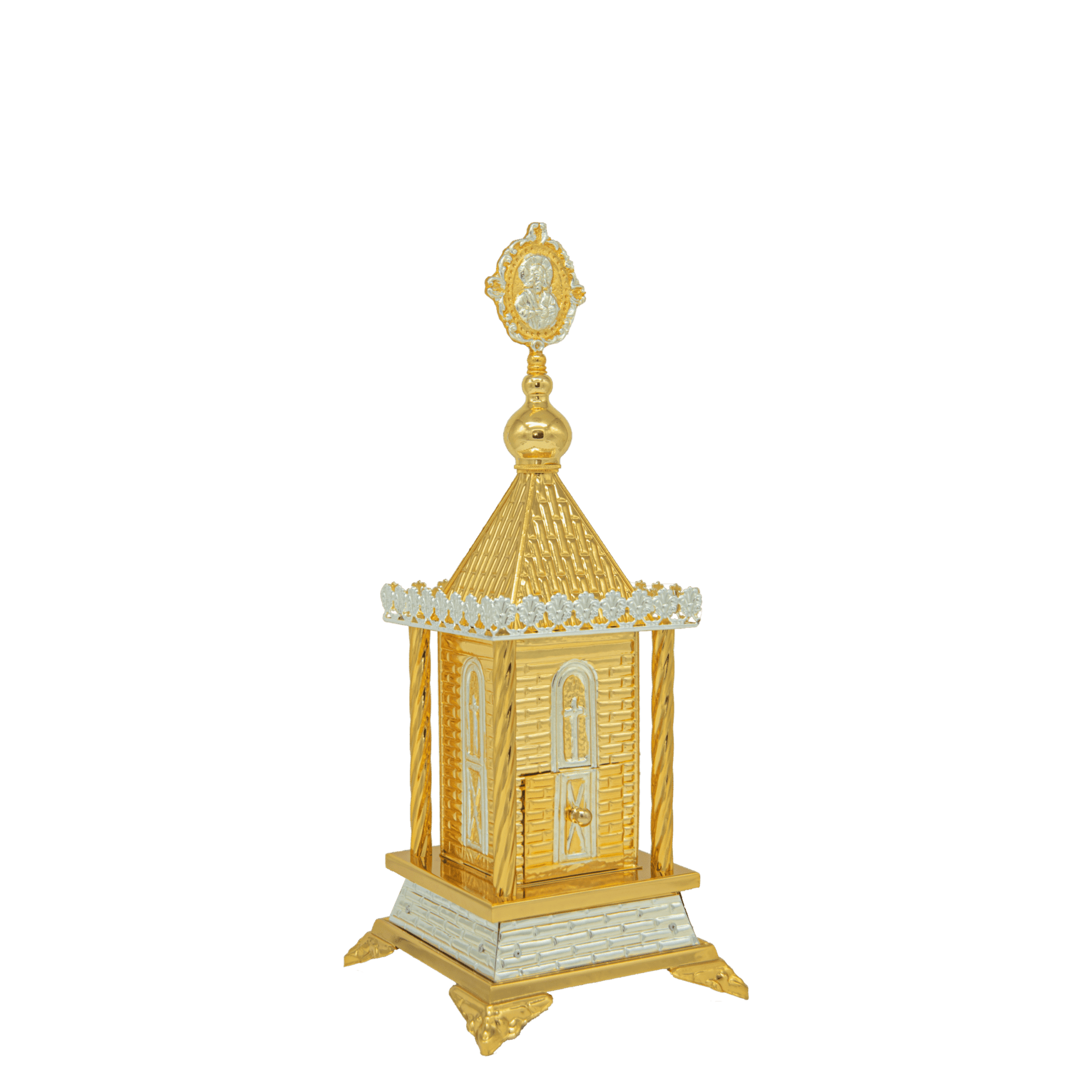 Golden church candlestick ornament, traditional ecclesiastical decoration, religious ceremonial item, ornate church accessory, symbolic religious artifact.