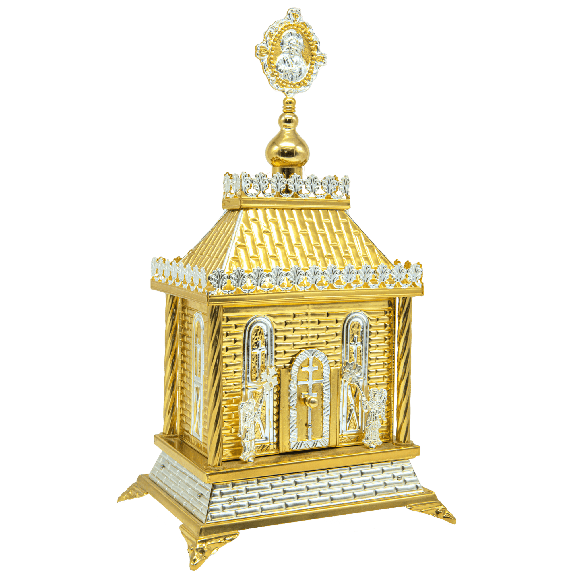 Intricate gold and silver ecclesiastical icon shrine with religious figures and decorative details, used for churches and religious rituals.