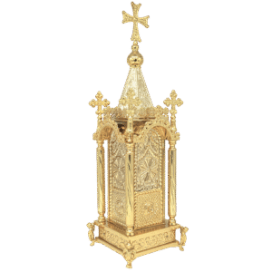 Intricately crafted gold-plate reliquary with ornate crosses, cathedral-style design, perfect for displaying religious relics and church ceremonies.