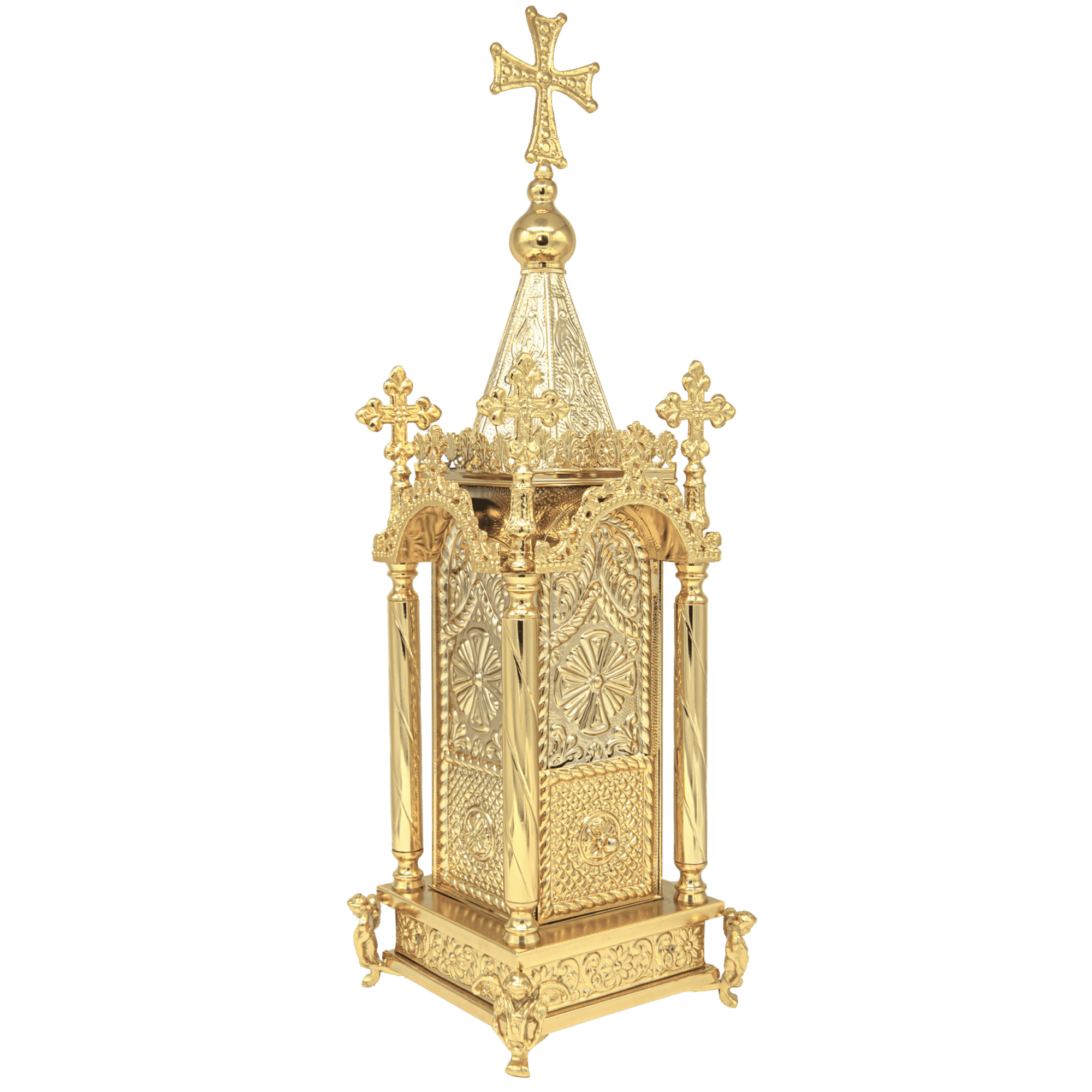 Intricately crafted gold-plate reliquary with ornate crosses, cathedral-style design, perfect for displaying religious relics and church ceremonies.