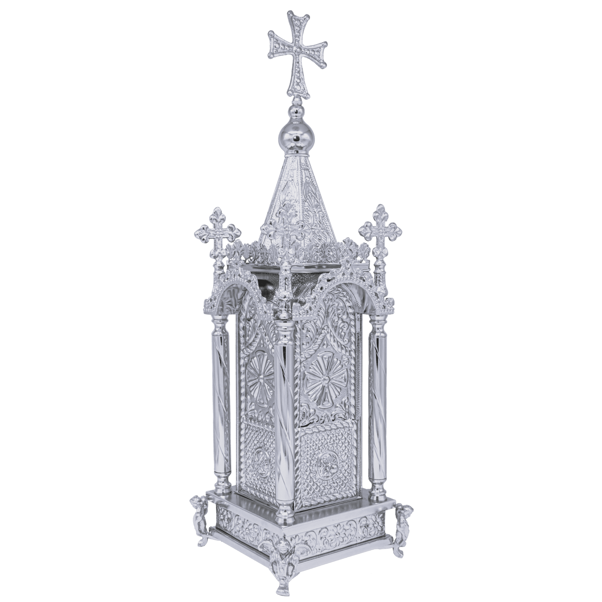 Intricately designed silver church lantern with ornate crosses and detailed craftsmanship, ideal for religious ceremonies and church decorations.