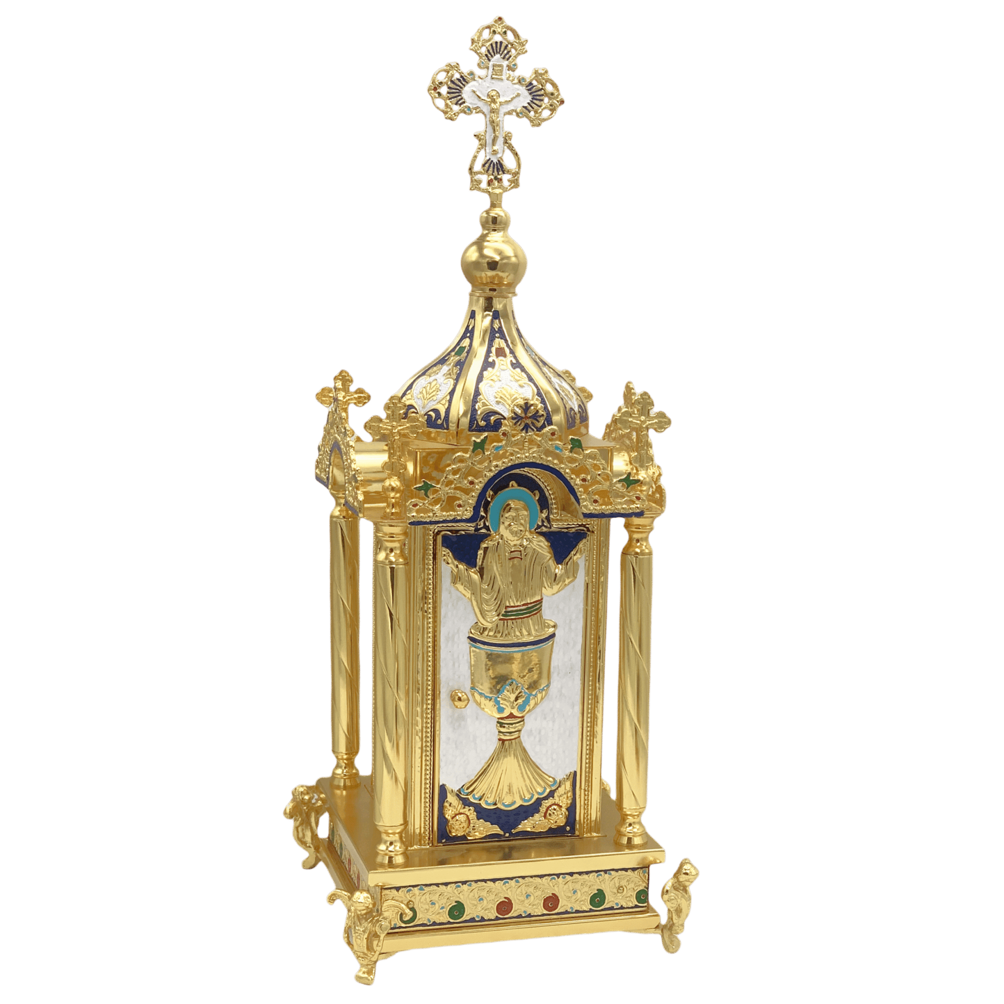 Elegant gold religious reliquary with intricate design, religious icon of Jesus Christ, and decorative church artifacts, perfect for ecclesiastical ceremonies and church decoration.