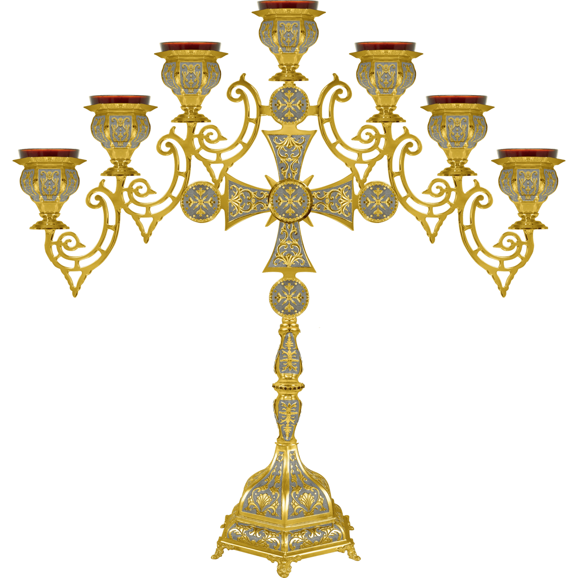 Intricate gold and silver ecclesiastical candelabrum with red candle holders, used in church services and religious ceremonies.