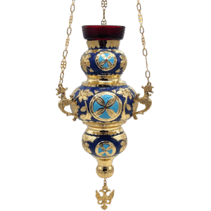 Exquisite Greek ecclesiastical lantern with gold and blue accents, ornate design, and chain for church illumination, crafted by Tsa tsaronis Antonios, ideal for religious ceremonies.