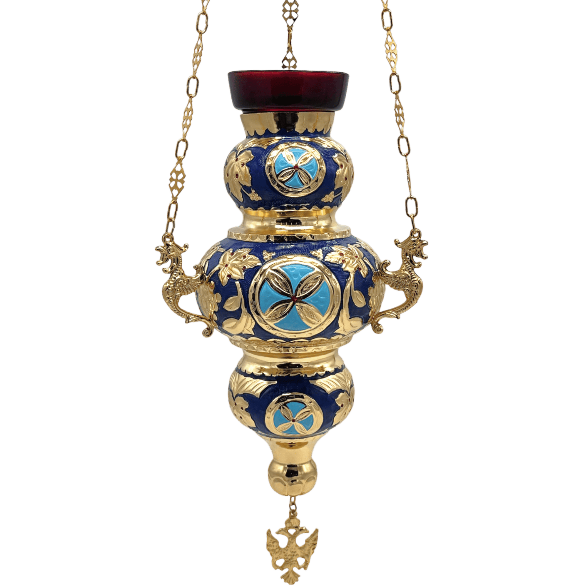 Exquisite Greek ecclesiastical lantern with gold and blue accents, ornate design, and chain for church illumination, crafted by Tsa tsaronis Antonios, ideal for religious ceremonies.