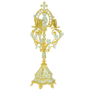Intricate gold-embellished Orthodox candle holder with religious iconography, perfect for church ceremonies and religious rituals, showcasing craftsmanship and tradition.