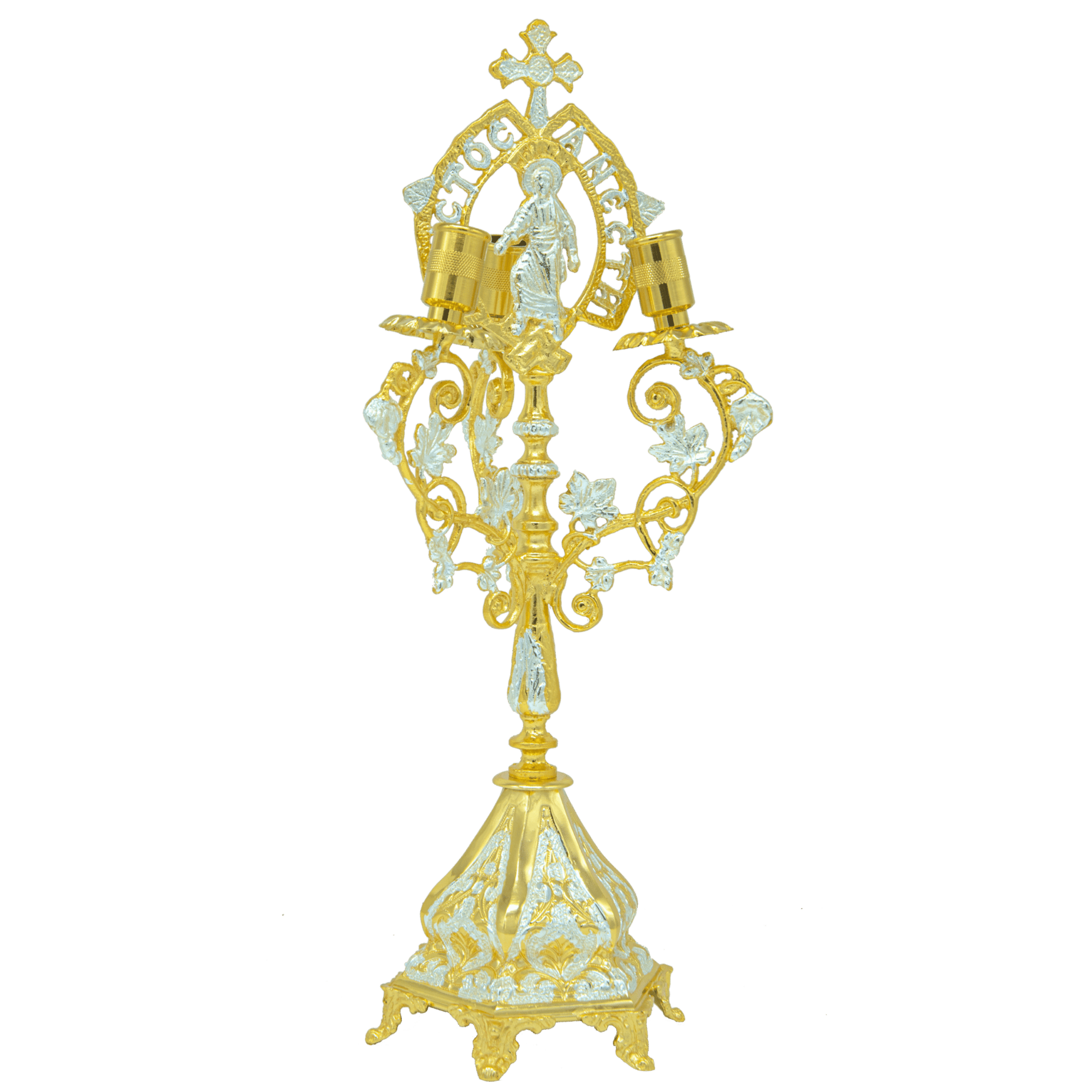 Intricate gold-embellished Orthodox candle holder with religious iconography, perfect for church ceremonies and religious rituals, showcasing craftsmanship and tradition.