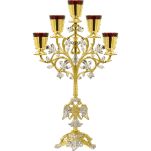 Intricate gold and silver ornate chandelier with candle holders, perfect for religious ceremonies and church decor, showcasing craftsmanship in ecclesiastical items.