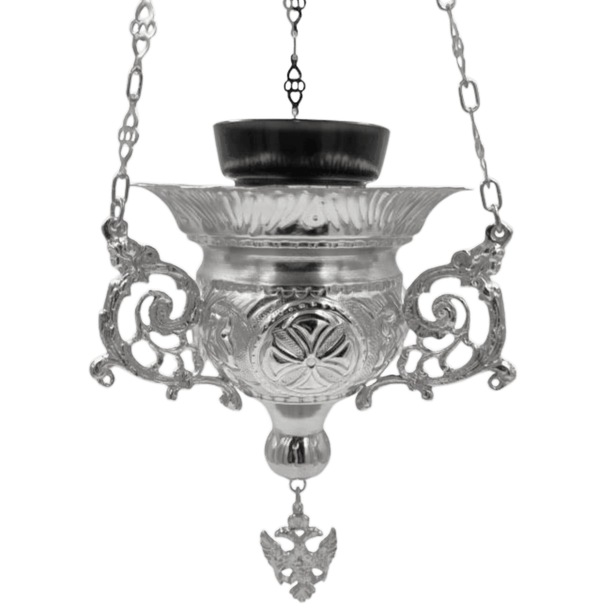 Antique silver church hanging lantern for ecclesiastical ceremonies, traditional religious liturgical equipment, ornate religious church lamp for Orthodox rituals.
