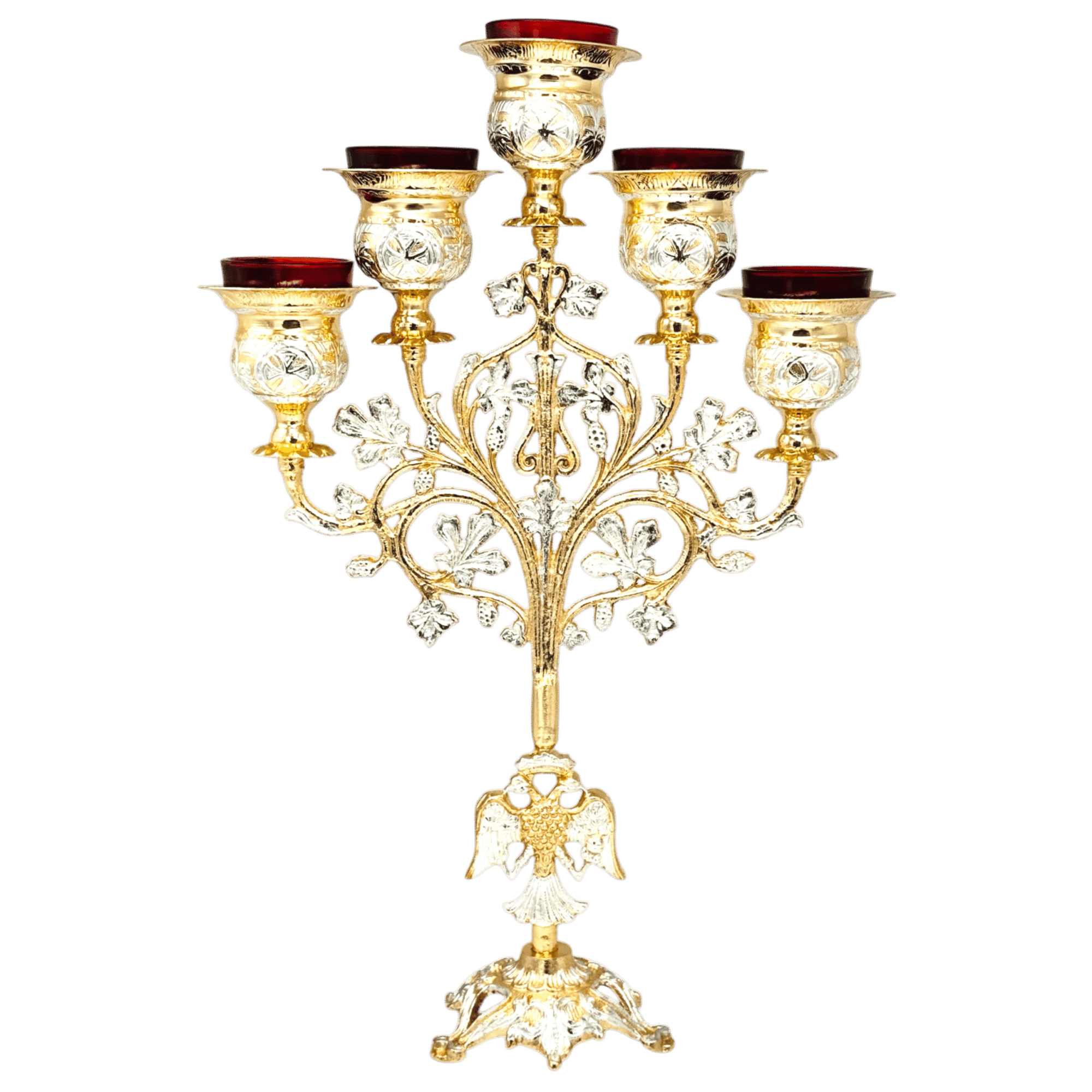 Golden Orthodox candelabrum with intricate religious design and red candle holders for church ceremonies.