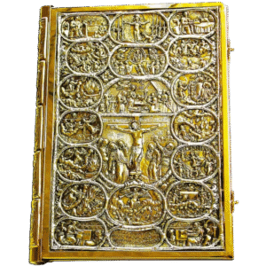 Ornate ecclesiastical silver book cover with detailed religious iconography, depicting scenes from the Passion and Resurrection, ideal for church religious artifacts and sacred liturgical items.