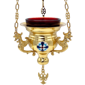Ornate gold Christian liturgical censer with chain and decorative elements, used in Greek Orthodox religious ceremonies.